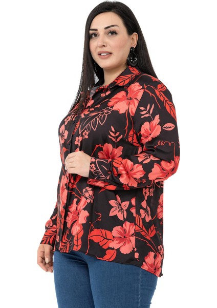Büyük Beden Siyah Zemin Üzerine Kırmızı Çiçekli Saten Gömlek fırsatları