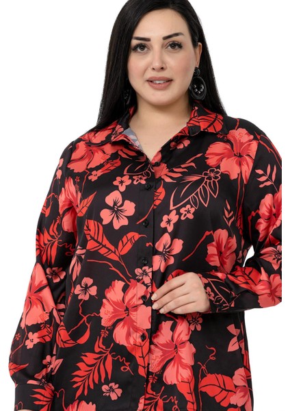 Büyük Beden Siyah Zemin Üzerine Kırmızı Çiçekli Saten Gömlek indirimleri