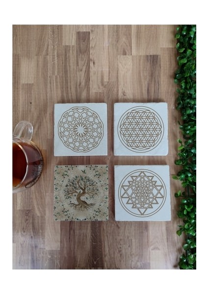 4lü Set Lotus Sri Yantra Yaşam Çiçeği Doğal Taş Bardak Altlığı
