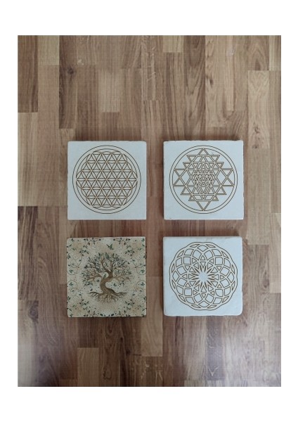 4lü Set Lotus Sri Yantra Yaşam Çiçeği Doğal Taş Bardak Altlığı modelleri