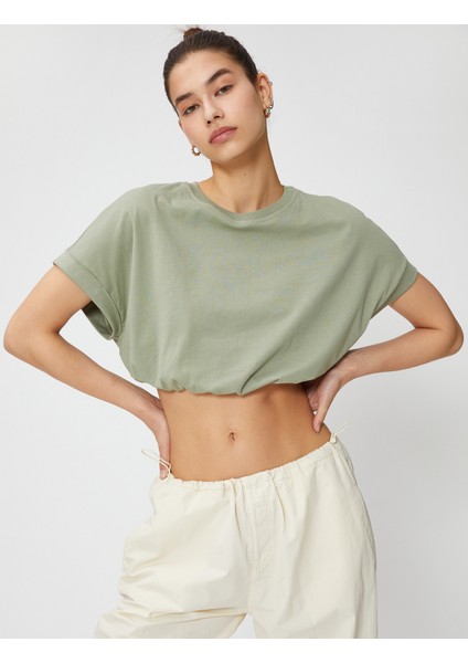 Crop Tişört Bisiklet Yaka Kısa Kollu Beli Lastikli