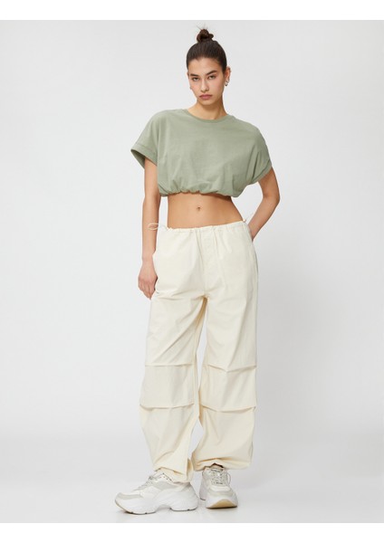 Crop Tişört Bisiklet Yaka Kısa Kollu Beli Lastikli fiyatları