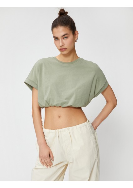 Crop Tişört Bisiklet Yaka Kısa Kollu Beli Lastikli modelleri