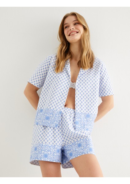 Pijama Altı Şort Çiçekli Beli Lastikli Pamuklu