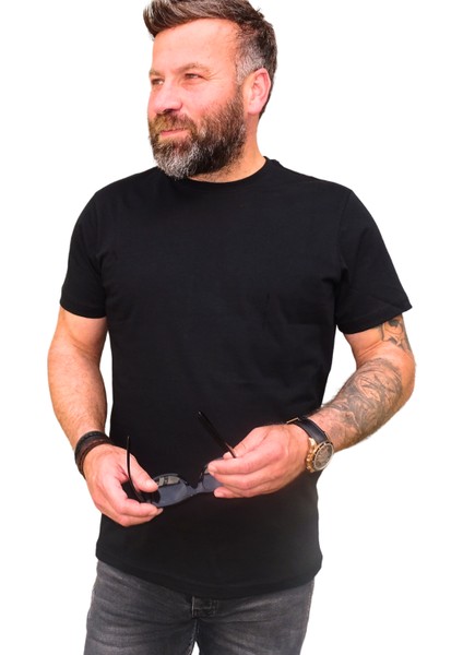Bisiklet Yaka Siyah Pamuk Tişört