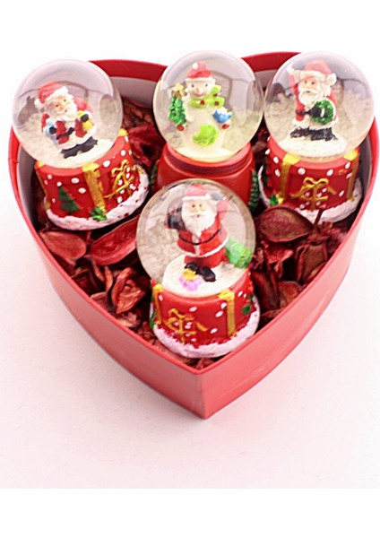 Özel Kalp Kutu Içinde 4 Adet Mini Noel Baba Kar Küresi 6,5 cm ve 50 gr Kuru Gül