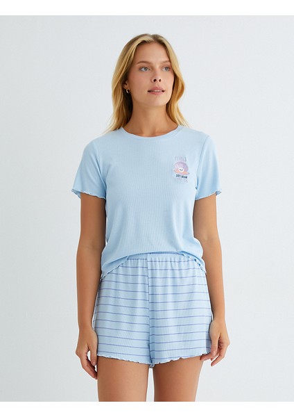 Şortlu Pijama Takımı Kısa Kollu Fitilli Nakışlı