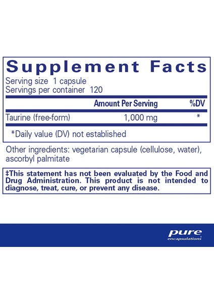 Pure Encapsulations Taurine Amino Acid Free Form 1000 mg  Hypoallergenic 120 Kapsül Taurin Aminoasit Serbest Form