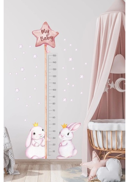 Pembe Balonlu Ikili Tavşanlar Boy Ölçer Duvar Sticker