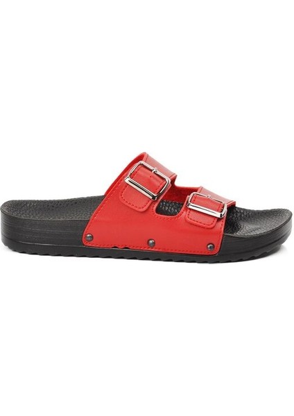 Kırmızı Çift Bantlı Kadın Terlik