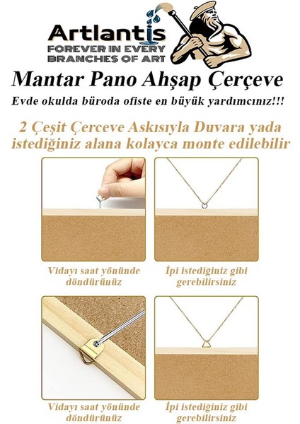 Mantar Pano Ahşap Çerçeve 40X60 cm 1 Adet Harita Çivisi Hediyeli Duvara Monte Mantar Çerçeve Evde Okulda Büroda Ofiste