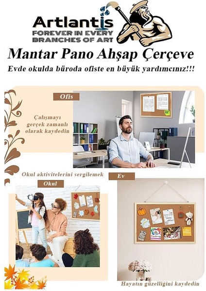 Mantar Pano Ahşap Çerçeve 60X90 cm 1 Adet Harita Çivisi Hediyeli Duvara Monte Mantar Çerçeve Evde Okulda Büroda Ofiste