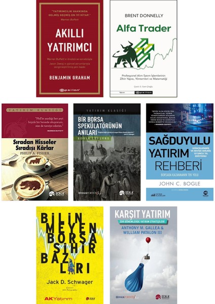 – Alfa Trader + Bir Borsa Spekülatörünün Anıları + Karşıt Yatırım + Bilinmeyen Borsa Sihirbazları + Akıllı Yatırımcı + Sağduyulu Yatırım Rehberi + Sırdan Hisseler Sıradışı Karlar
