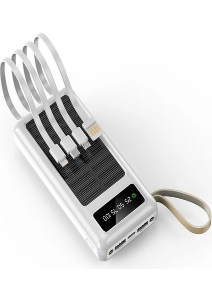 20,000mAh Güneş Enerjili Powerbank - 2 USB, Mikro, Lightning, iPhone ve Type-C Kablolu Taşınabilir