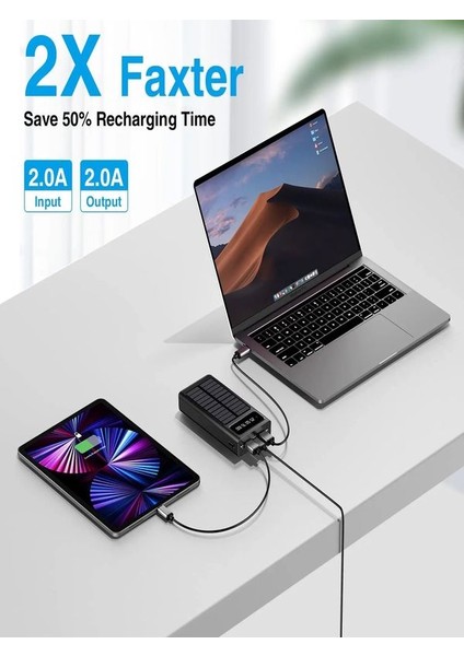 20,000mAh Güneş Enerjili Powerbank - 2 USB, Mikro, Lightning, iPhone ve Type-C Kablolu Taşınabilir