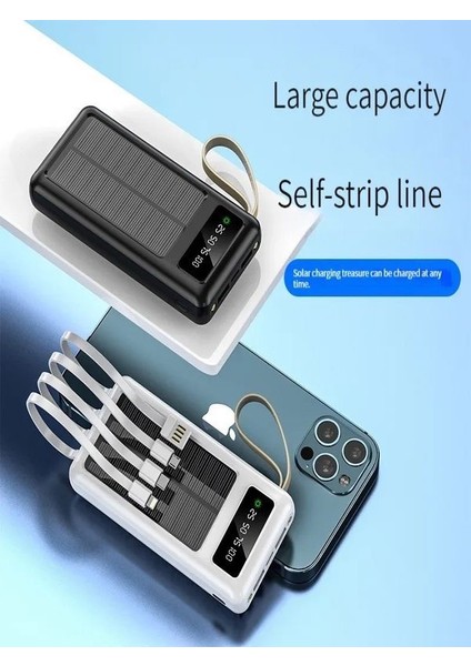 20,000mAh Güneş Enerjili Powerbank - 2 USB, Mikro, Lightning, iPhone ve Type-C Kablolu Taşınabilir