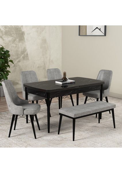 Hera Serisi Açılabilir Mdf Mutfak Salon Masa Takımı 4 Sandalye+1 Bench Siyah Mermer Görünümlü