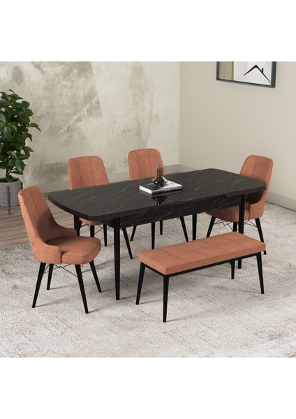 Hera Serisi Açılabilir Mdf Mutfak Salon Masa Takımı 4 Sandalye+1 Bench Siyah Mermer Görünümlü