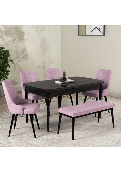 Hera Serisi Açılabilir Mdf Mutfak Salon Masa Takımı 4 Sandalye+1 Bench Siyah Mermer Görünümlü