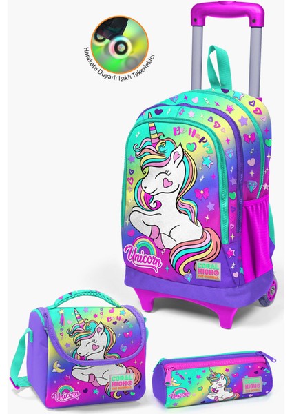 Kids Lavanta Su Yeşili Unicorn Desenli Çekçekli 3’lü Okul Çanta Seti SET0123929