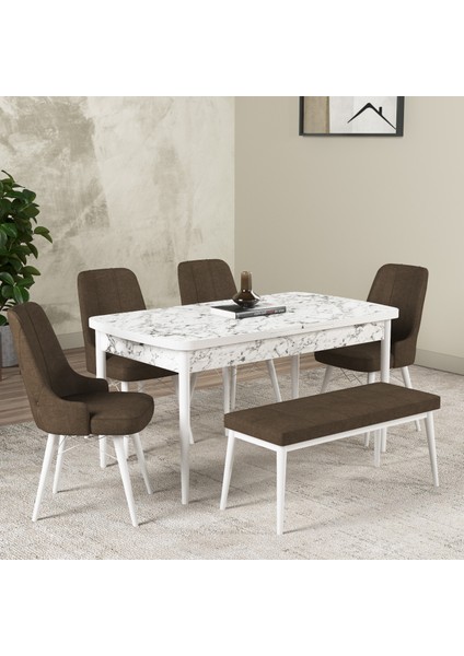 Hera Serisi Açılabilir Mdf Mutfak Salon Masa Takımı 4 Sandalye+1 Bench Beyaz Mermer Görünümlü
