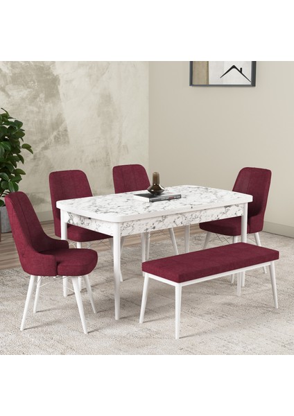 Hera Serisi Açılabilir Mdf Mutfak Salon Masa Takımı 4 Sandalye+1 Bench Beyaz Mermer Görünümlü