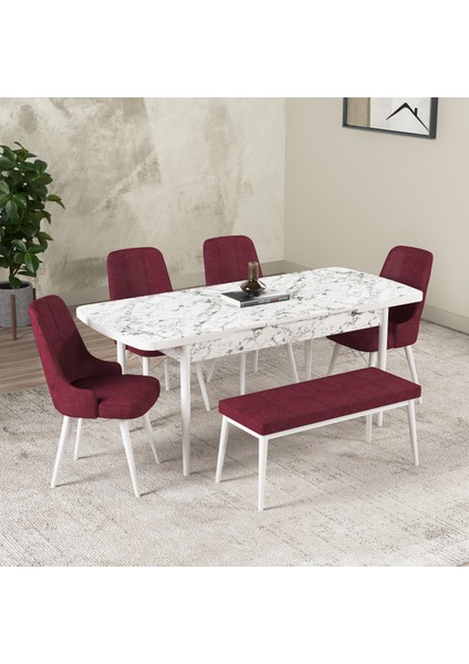 Hera Serisi Açılabilir Mdf Mutfak Salon Masa Takımı 4 Sandalye+1 Bench Beyaz Mermer Görünümlü