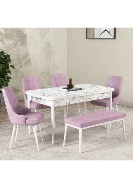 Hera Serisi Açılabilir Mdf Mutfak Salon Masa Takımı 4 Sandalye+1 Bench Beyaz Mermer Görünümlü