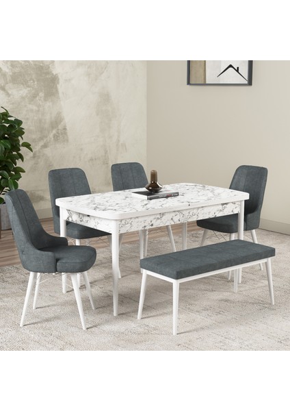 Hera Serisi Açılabilir Mdf Mutfak Salon Masa Takımı 4 Sandalye+1 Bench Beyaz Mermer Görünümlü