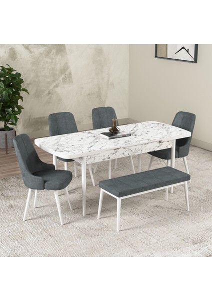 Hera Serisi Açılabilir Mdf Mutfak Salon Masa Takımı 4 Sandalye+1 Bench Beyaz Mermer Görünümlü fiyatları