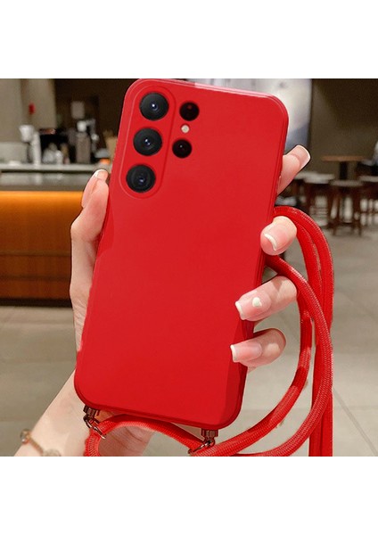 Samsung Galaxy M14 ile Uyumlu Ipli Boyun Askılı Silikon Kılıf Kadife Iç Yüzeyli Epiphany Kılıf Kırmızı