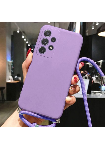 Samsung Galaxy M14 ile Uyumlu Ipli Boyun Askılı Silikon Kılıf Kadife Iç Yüzeyli Epiphany Kılıf Lila