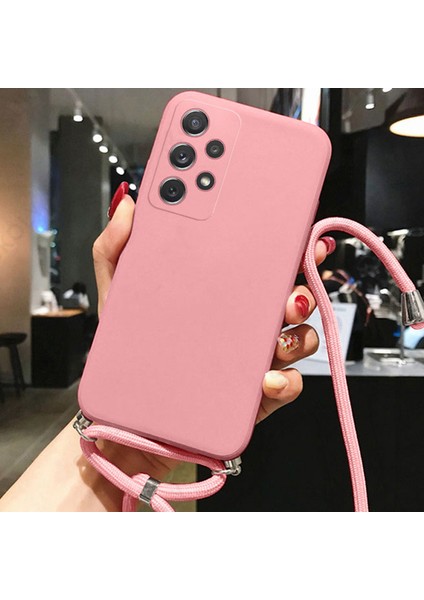 Samsung Galaxy M14 ile Uyumlu Ipli Boyun Askılı Silikon Kılıf Kadife Iç Yüzeyli Epiphany Kılıf Pembe