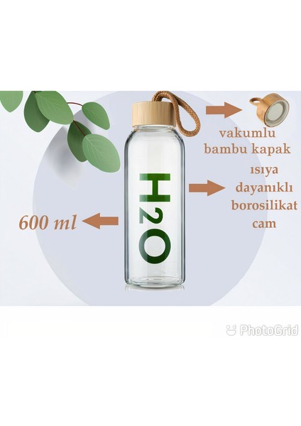 H2O Borosilikat Cam Matara Bambu Vakum Kapaklı Su Şişesi Suluk 600 ml