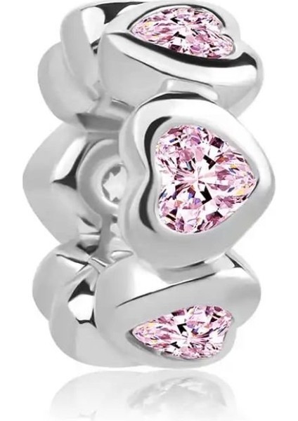 Gümüş S925 Damgalı Pembe Taşlı Kalp Şeritli Charm