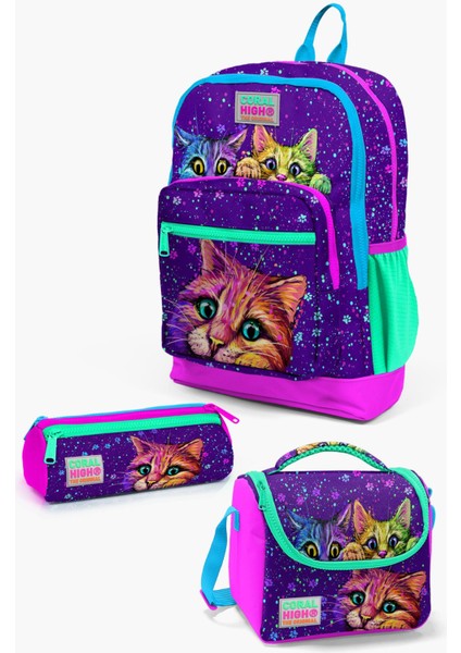 Kids Mor Pembe Kedi Desenli 3’lü Okul Çanta Seti SET0123732
