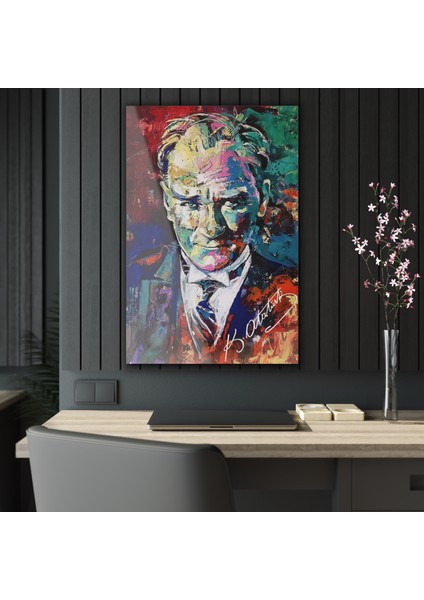 Sulu Boya Efektli Atatürk Cam Tablo Duvar Dekoru