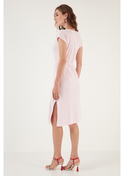 Pamuklu Kısa Kollu Çift Yırtmaçlı Midi Elbise Bayan Elbise 5864205 indirimleri