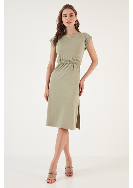 Pamuklu Kısa Kollu Çift Yırtmaçlı Midi Elbise Bayan Elbise 5864205