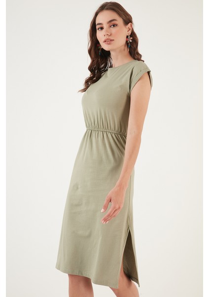 Pamuklu Kısa Kollu Çift Yırtmaçlı Midi Elbise Bayan Elbise 5864205 fiyatları