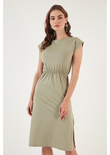 Pamuklu Kısa Kollu Çift Yırtmaçlı Midi Elbise Bayan Elbise 5864205 modelleri