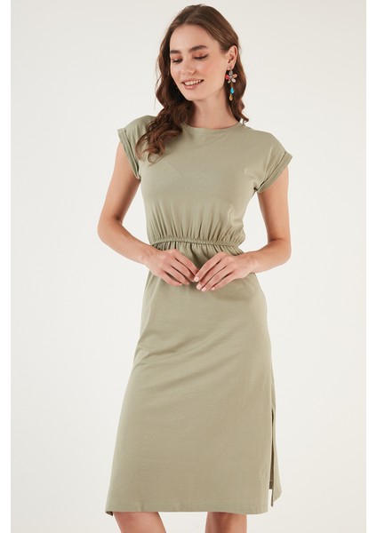 Pamuklu Kısa Kollu Çift Yırtmaçlı Midi Elbise Bayan Elbise 5864205 fırsatları