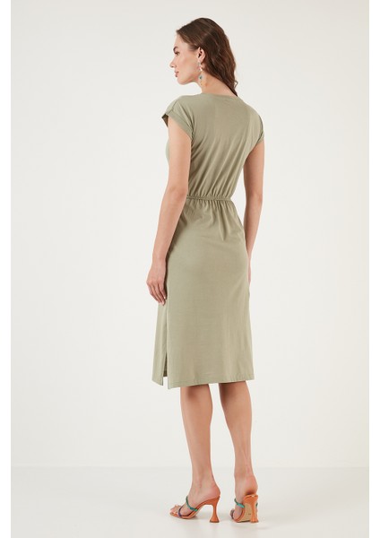 Pamuklu Kısa Kollu Çift Yırtmaçlı Midi Elbise Bayan Elbise 5864205 indirimleri