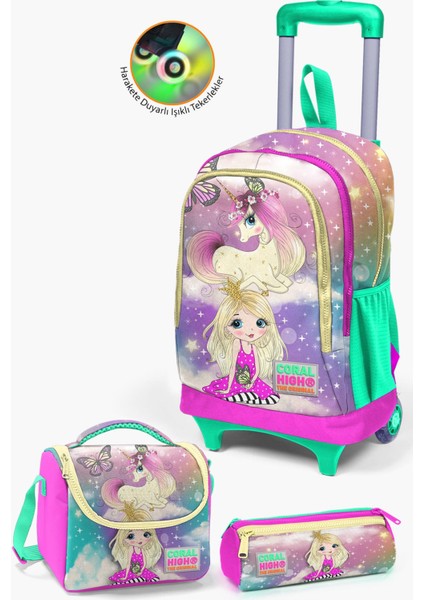 Kids Pembe Su Yeşili Unicornlu Kız Desenli Çekçekli 3’lü Okul Çanta Seti SET0123933