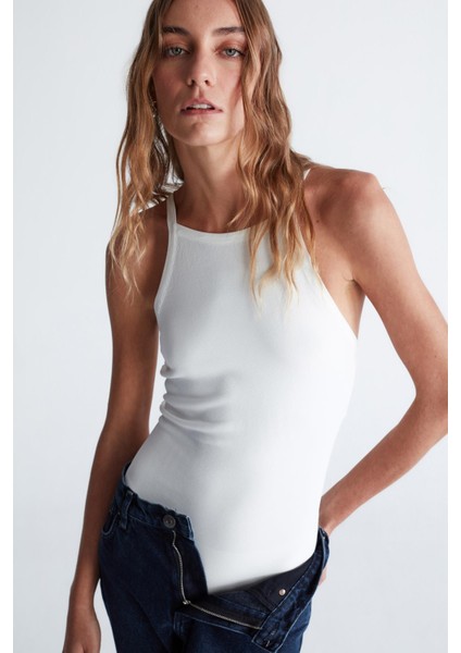 Styleboom X Peraluna GRETA BODY Halter Yaka Arkası Çapraz Alttan Çıtçıtlı Kadın Triko Body - Ekru