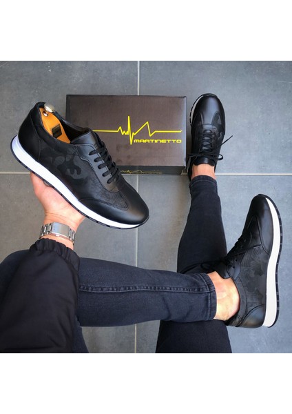 Hakiki Deri Siyah Kamuflaj Desen Siyah Günlük Erkek Ayakkabı