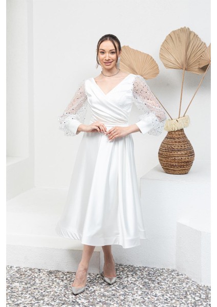 Beyaz Kolu Pullu Midi Abiye Elbise