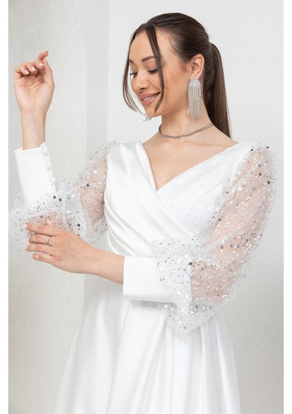 Beyaz Kolu Pullu Midi Abiye Elbise