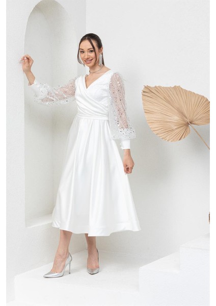 Beyaz Kolu Pullu Midi Abiye Elbise