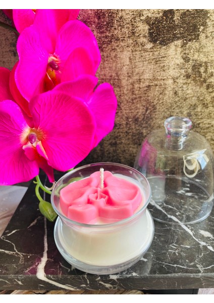 Pembe Orkideli Dekoratif Çiçek Kokulu Mum/ Pink Orchid Flower Scented Candle